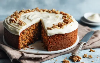 Saftig morotskaka med krämig frosting och valnötter, perfekt för ett gott morotskaka recept.
