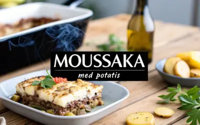 En härlig moussaka med potatis, ångande och redo att serveras. En klassiker som alltid går hem.