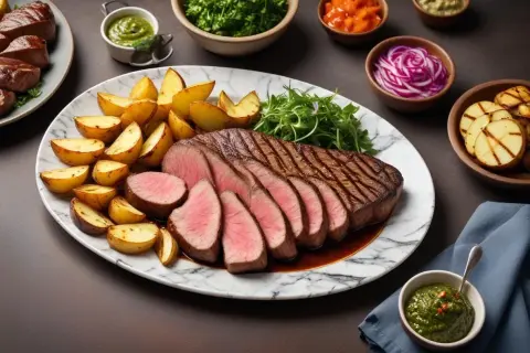 Saftig picanha, perfekt stekt med rosastekt kött, serveras med klyftpotatis och en grön sås. Ett fantastiskt picanha recept!