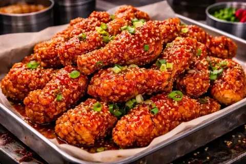 En bricka med krispiga, glaserade bitar av **korean fried chicken**, toppade med sesamfrön och salladslök.