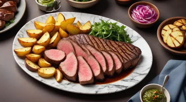 Saftig picanha, perfekt stekt med rosastekt kött, serveras med klyftpotatis och en grön sås. Ett fantastiskt picanha recept!