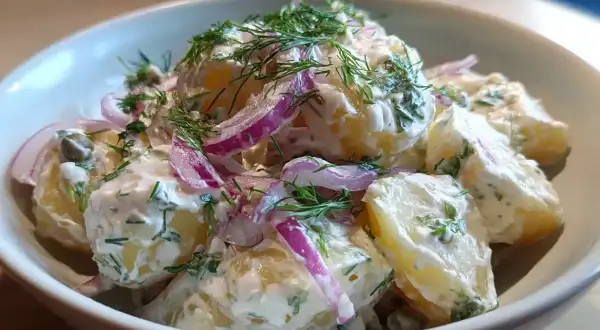 Krämig potatissallad med dill och rödlök, perfekt som tillbehör till grillat.