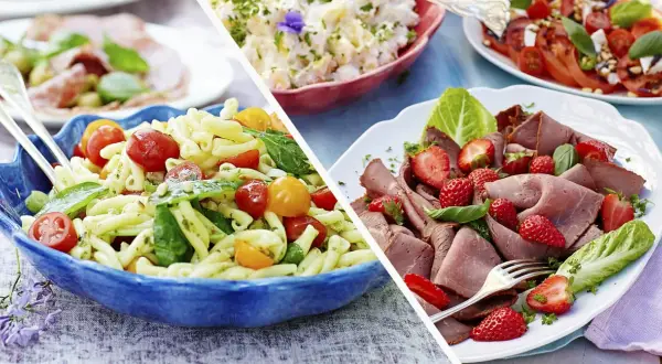 Sommarmat recept: Pastasallad med tomater och basilika, samt rostbiff med jordgubbar och sallad.