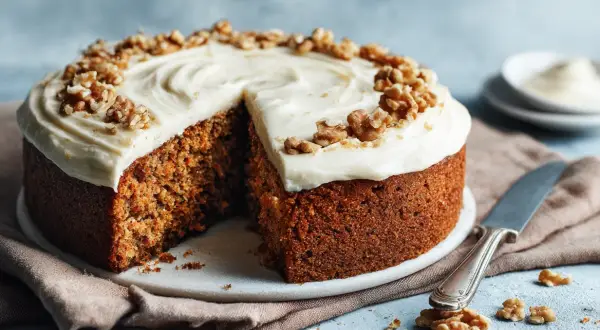 Saftig morotskaka med krämig frosting och valnötter, perfekt för ett gott morotskaka recept.