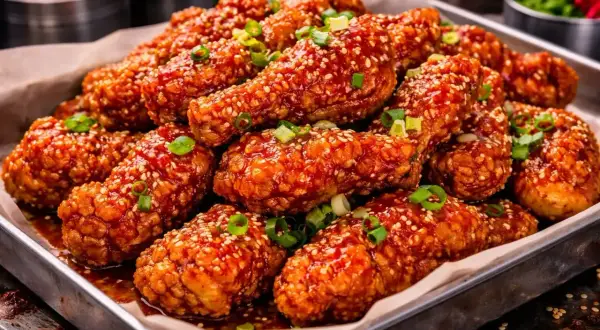 En bricka med krispiga, glaserade bitar av **korean fried chicken**, toppade med sesamfrön och salladslök.