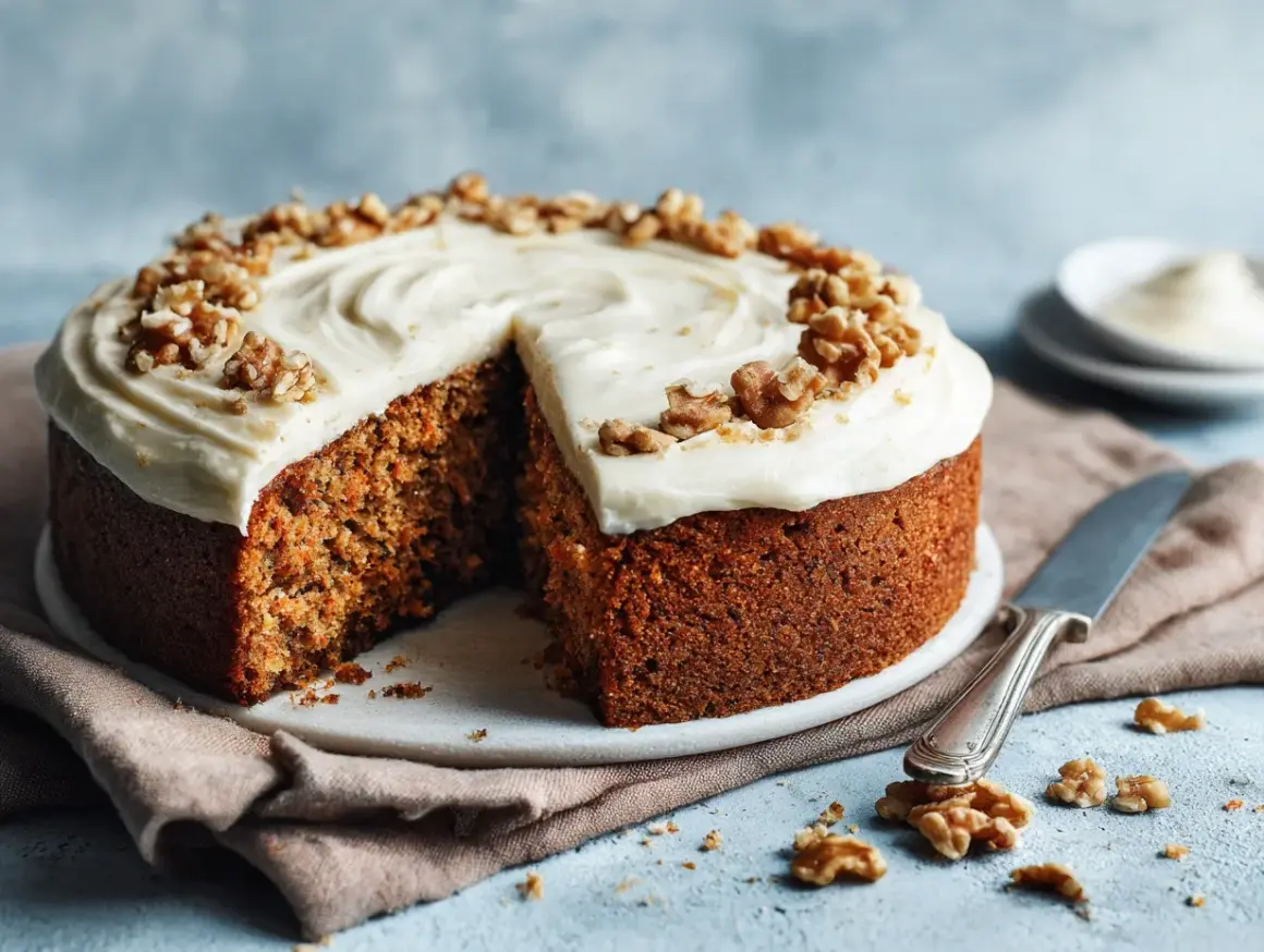 Saftig morotskaka med krämig frosting och valnötter, perfekt för ett gott morotskaka recept.