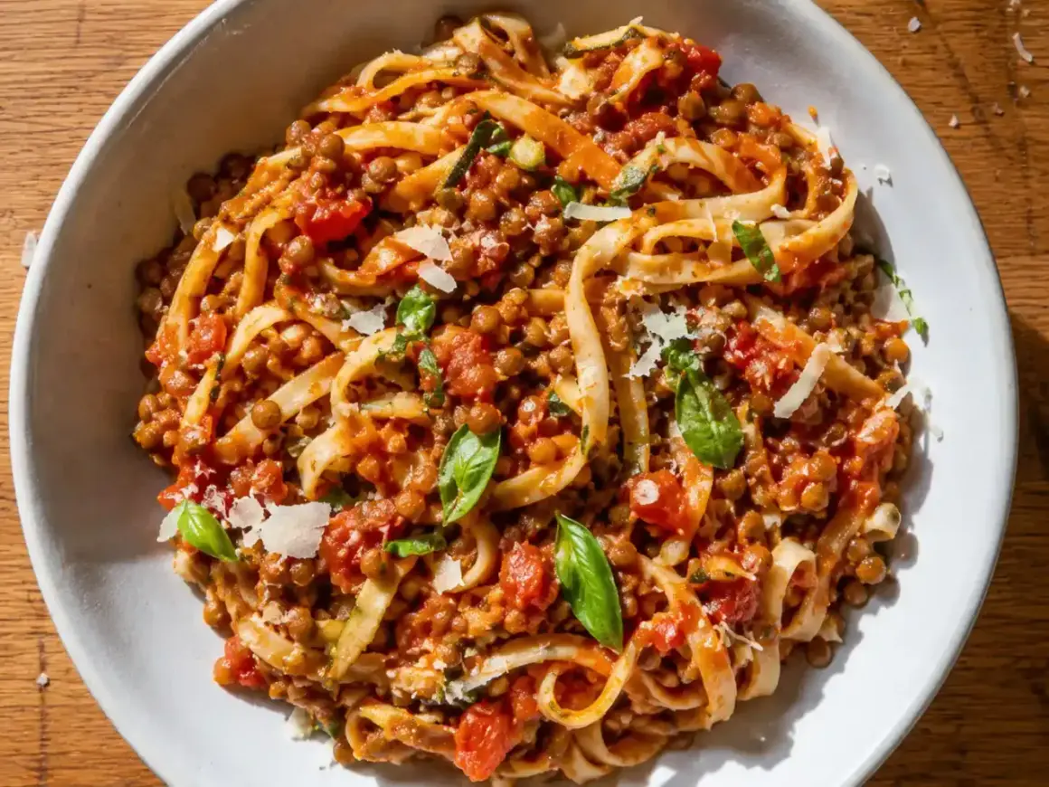 En skål med vegetarisk pasta med linser, tomatsås och basilika, toppad med riven ost.