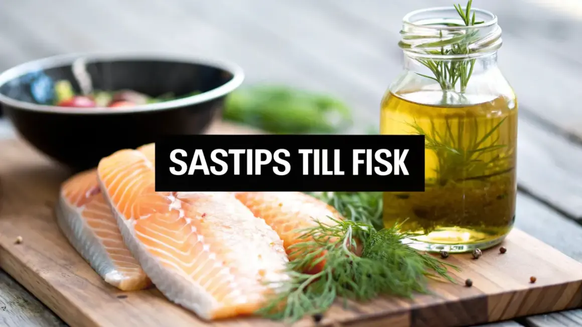 Färska laxfiléer på en skärbräda med dill och en flaska olja med örter. Perfekt för en god sås till fisk.
