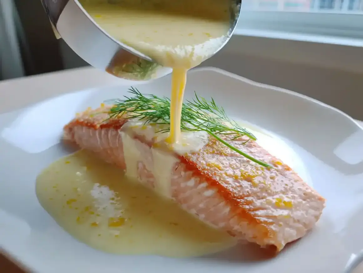 En saftig laxfilé toppas med en krämig sås, som ser ut att vara en härlig lemon curd. Dillkvisten ger en fin touch.