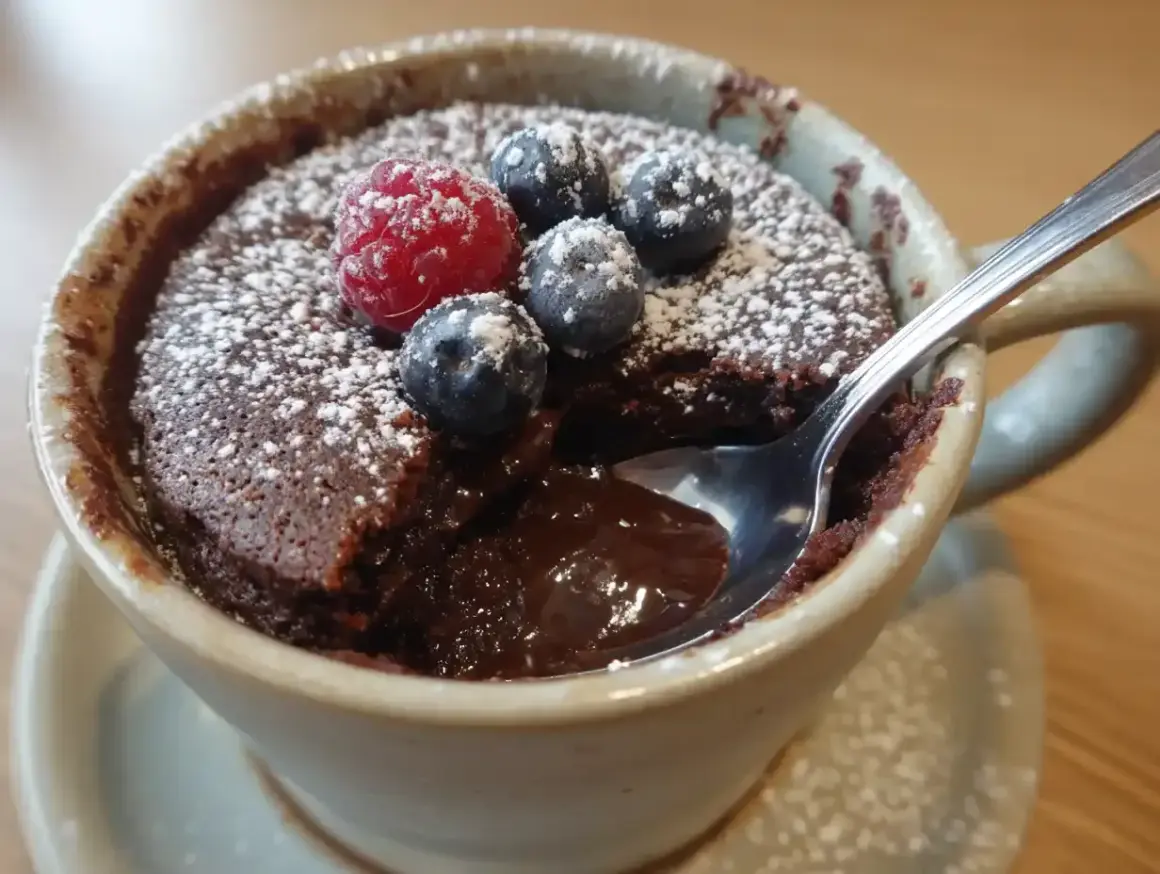 Chokladig mug cake med bär och florsocker. En sked dyker ner i den smältande chokladen.
