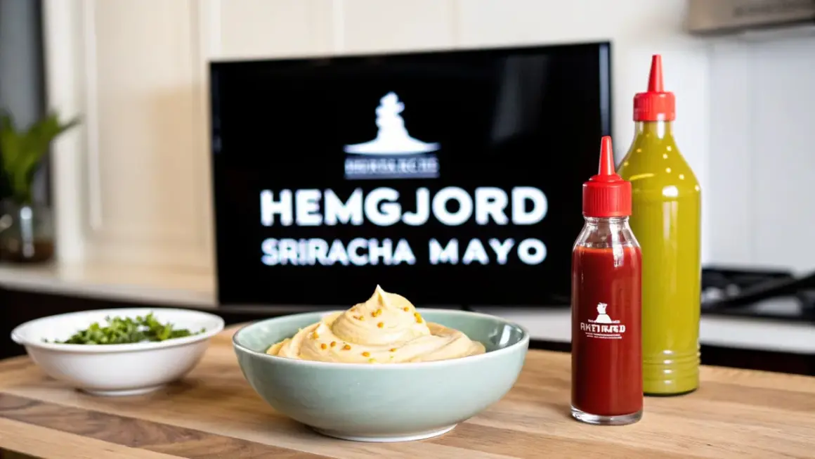 En skål med krämig sriracha mayo med topping, bredvid en flaska sriracha och en grön sås. Perfekt för ditt sriracha mayo recept!