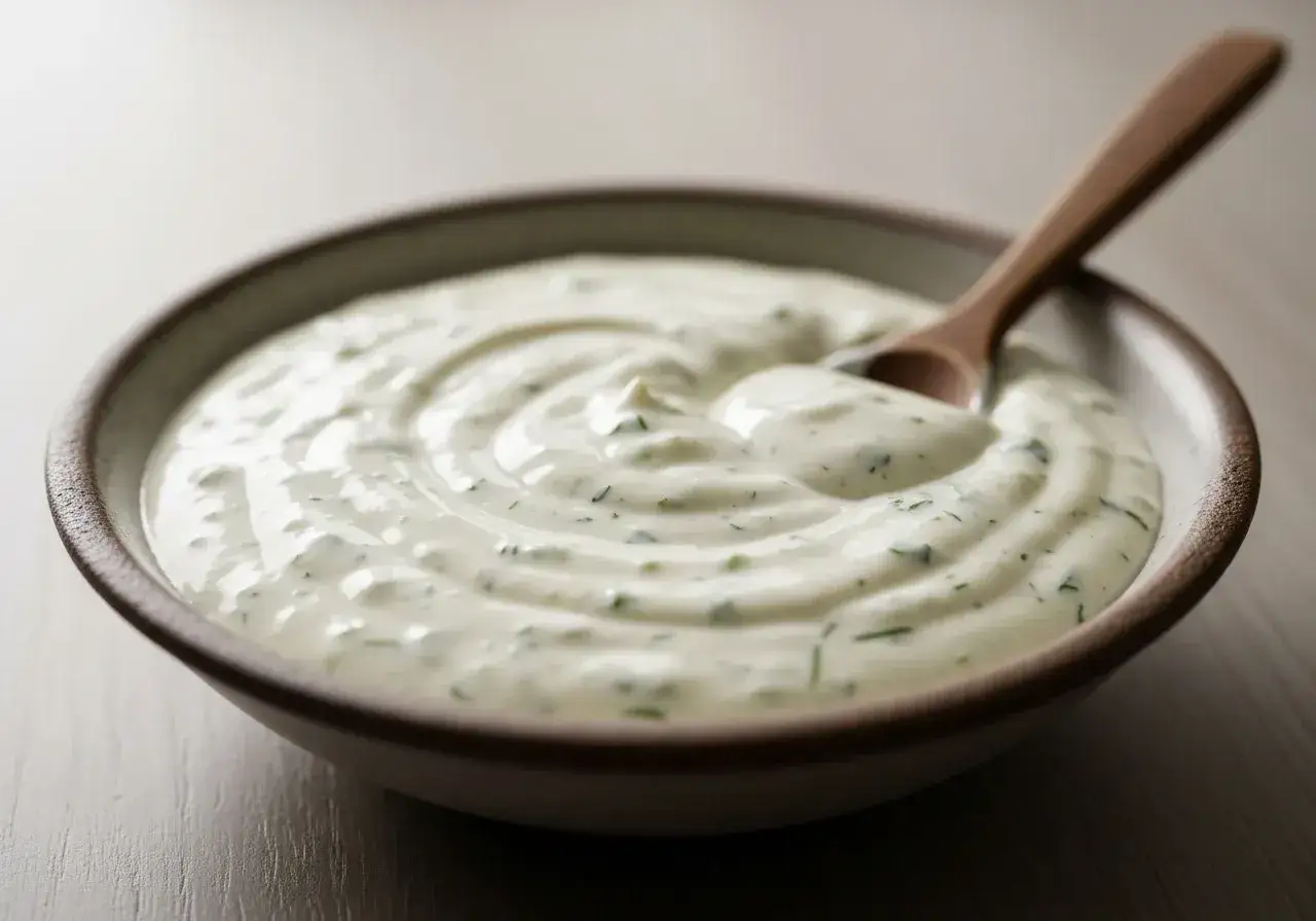 En sk&aring;l med kr&auml;mig ranch dressing med en tr&auml;sked. Perfekt till sallad eller dipp.