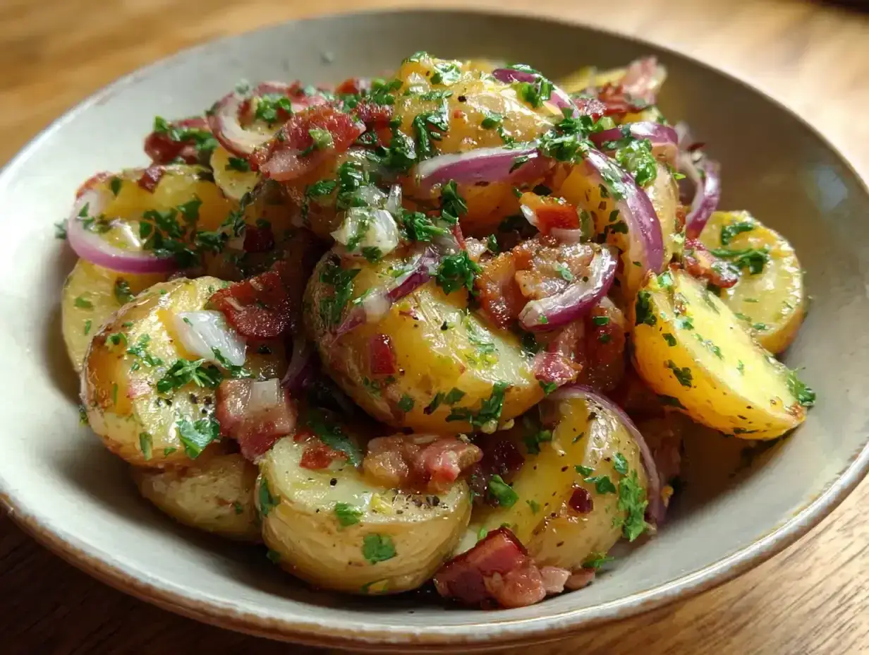 En sk&aring;l med tysk potatissallad med knaperstekt bacon, r&ouml;dl&ouml;k och f&auml;rsk persilja.
