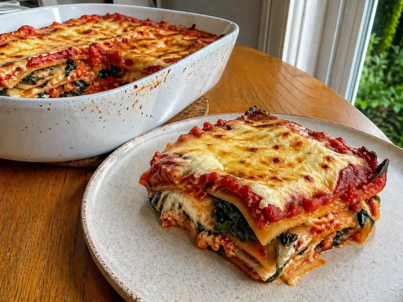 En portion ugnsbakad lasagne med gyllene ost och tomatsås. Perfekt lasagne tid i ugn!