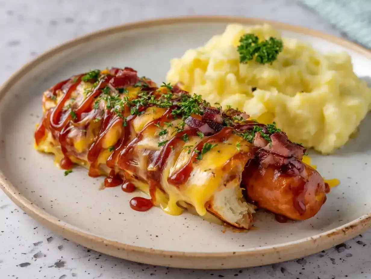 En saftig falukorv i airfryer, inlindad i ost och bacon, toppad med BBQ-s&aring;s och persilja. Serveras med kr&auml;migt potatismos.