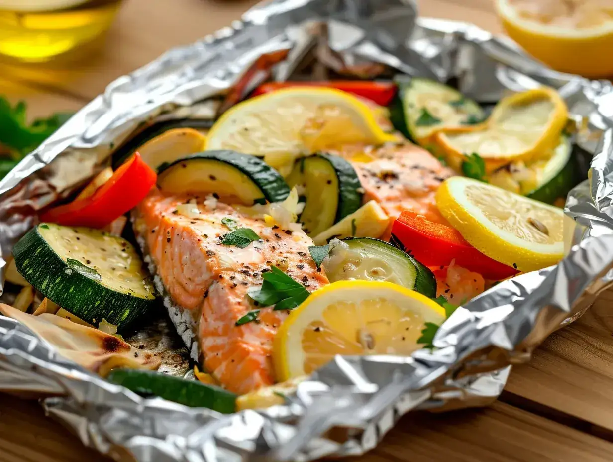 Laxpaket med zucchini, paprika och citron. Ett perfekt middagstips vardag för en enkel och god måltid.