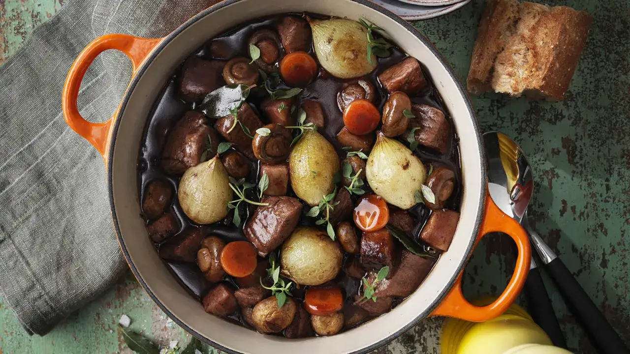 En mustig gryta med kött, champinjoner, morötter och hela små lökar i en djup sås. Ett perfekt one pot recept för en mysig middag.