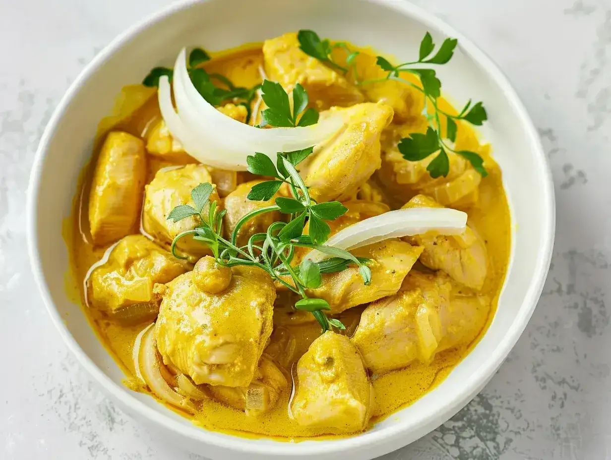 Kyckling i kr&auml;mig currys&aring;s, perfekt f&ouml;r ett snabbt currys&aring;s recept. Garnerad med l&ouml;k och persilja.