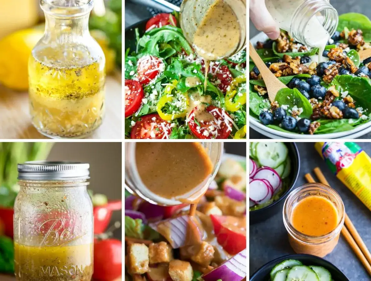 Kollage med olika sallader och dressingar. Ett recept p&aring; salladsdressing kan vara en bra id&eacute; f&ouml;r att lyfta din m&aring;ltid.