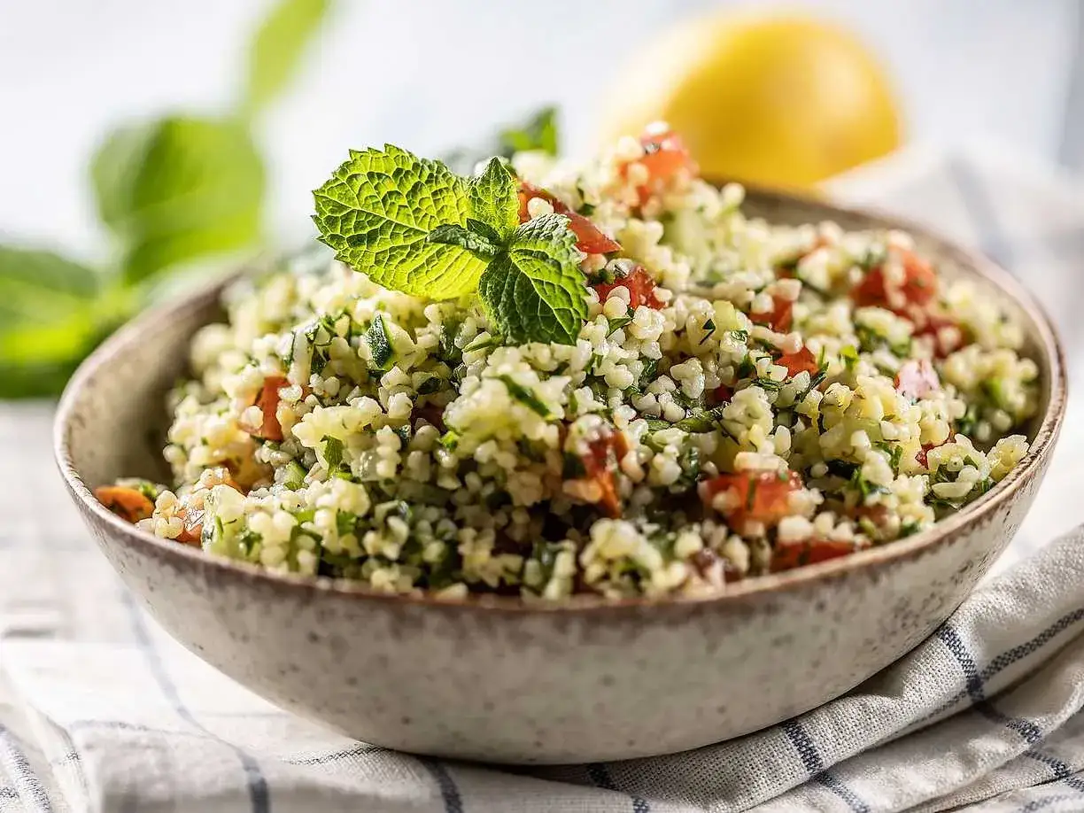 En skål med tabbouleh, en frisk sallad med bulgur, tomat, persilja och mynta. Perfekt att koka bulgur till en lätt lunch.