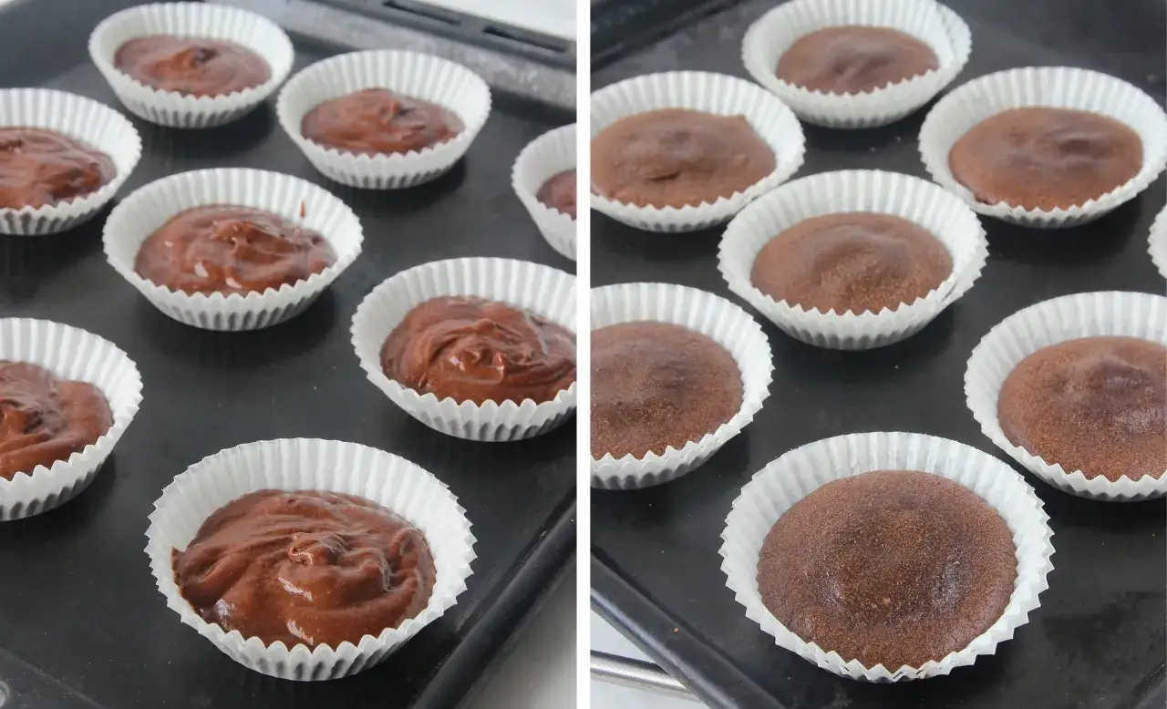 Chokladkladdkakemuffins recept: smet i formar till v&auml;nster, f&auml;rdiga muffins till h&ouml;ger. L&auml;ckert!
