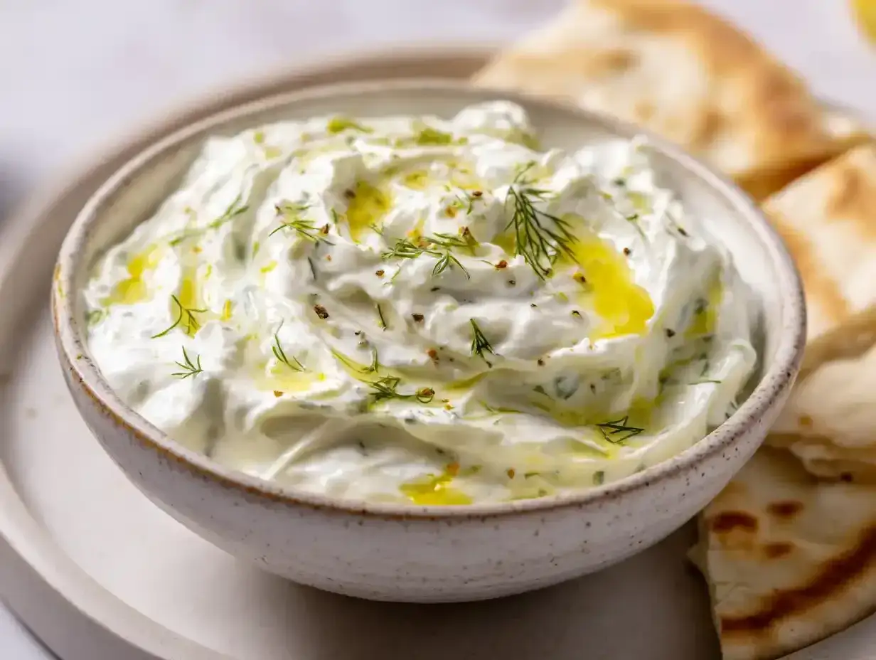 Kr&auml;mig tzatziki med dill och olivolja, perfekt till pitabr&ouml;d. Ett enkelt tzatziki recept f&ouml;r alla.