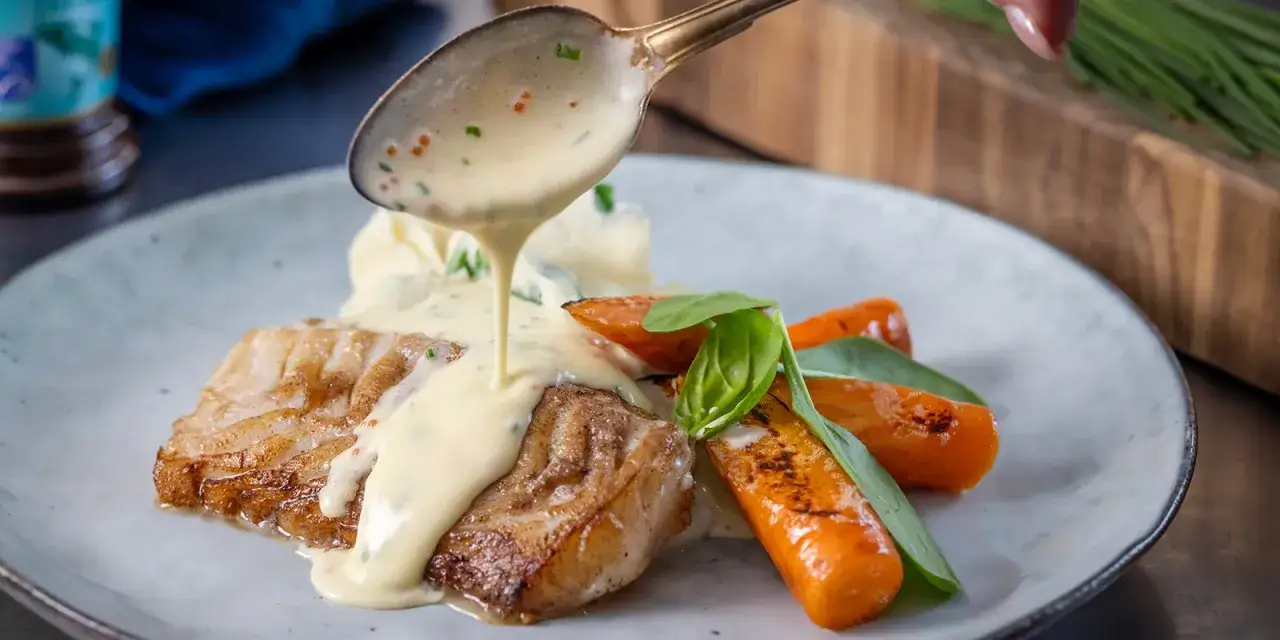 En krämig sås hälls över en perfekt tillagad fiskfilé med rostade morötter. Ett perfekt sandefjordsås recept för en lyxig middag.