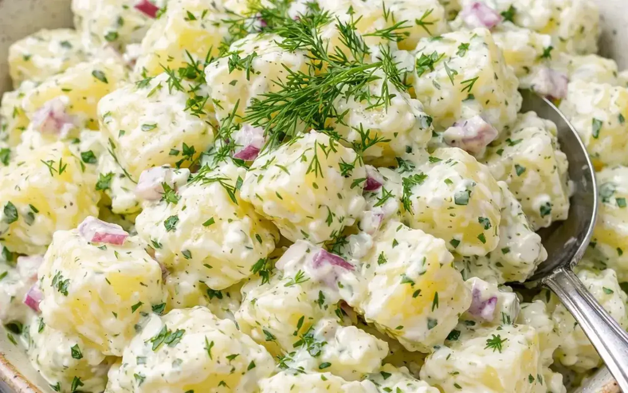 Kr&auml;mig potatissallad med dill och r&ouml;dl&ouml;k, perfekt som tillbeh&ouml;r till grillat. Ett enkelt sallad recept f&ouml;r alla tillf&auml;llen.