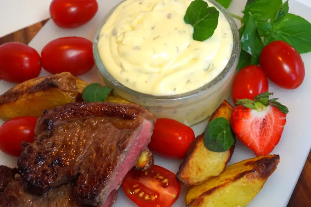En saftig biff med klyftpotatis, tomater och en sk&aring;l med kall bearnaises&aring;s. En jordgubbe som dekoration.