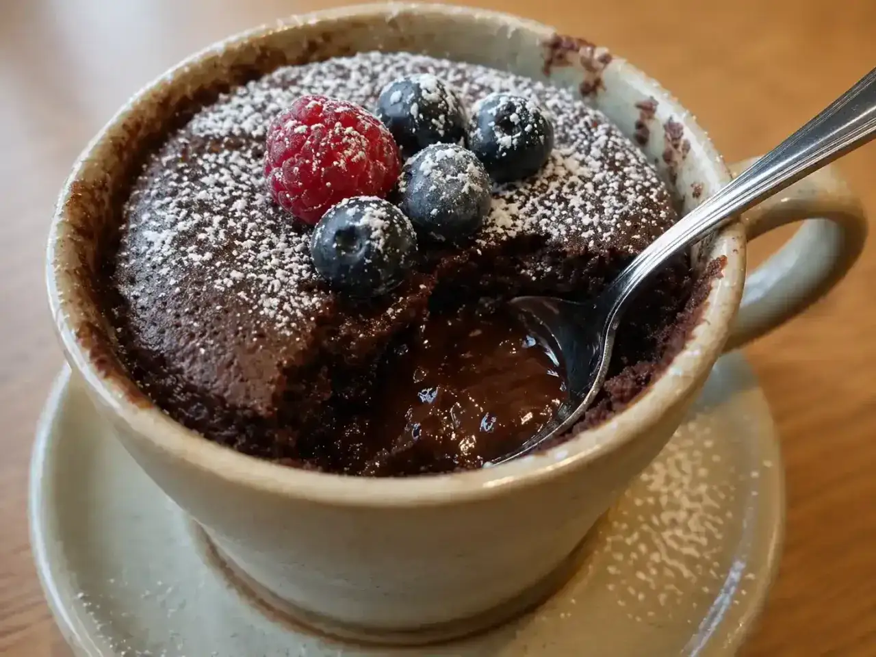 En krämig choklad mug cake toppad med bär och pudersocker, redo att avnjutas med en sked.