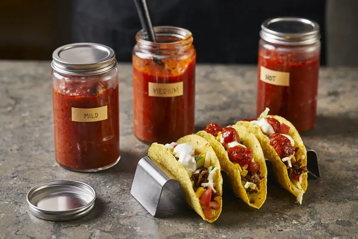 Tre burkar med salsa, m&auml;rkta 