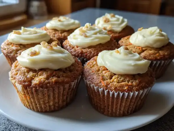 Sju saftiga morotskaka muffins med krämig frosting och hackade nötter. Perfekta för fikat!