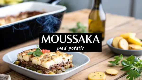 En härlig moussaka med potatis, ångande och redo att serveras. En klassiker som alltid går hem.